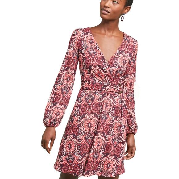 Anthropologie Maeve Red Paisley Metallic Thread Retro Belted Dress Size XS - Picture 1 of 12